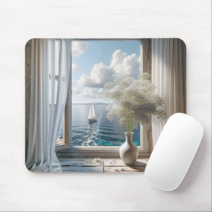 Tapis De Souris Fenêtre avec voilier Vue Océan