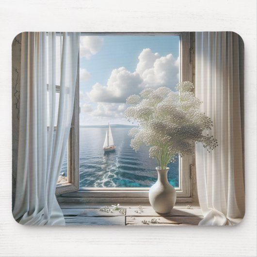 Tapis De Souris Fenêtre avec voilier Vue Océan (Devant)