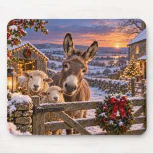 Tapis De Souris Ferme d'hiver Coucher de soleil Âne Moutons Campag