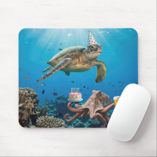 Tapis De Souris Fête d'anniversaire de tortue marine avec pieuvre