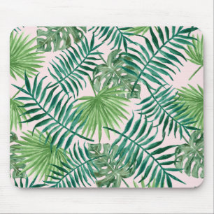 Tapis De Souris Feuillage aquarelle tropical sur fond rose tendre