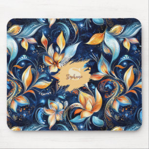 Tapis De Souris Feuilles Abstraits de marguerite bleu et or (2)