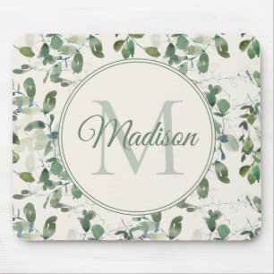 Tapis De Souris Feuilles de Eucalyptus Vert Sauge Crème Monogramme