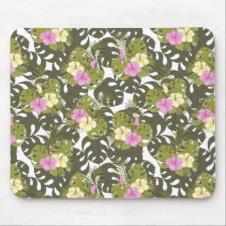 Tapis De Souris Feuilles de jungle tropicale et motif d'hibiscus