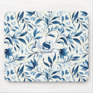 Tapis De Souris Feuilles élégantes de paisley bleu - Fond blanc