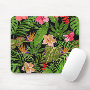Tapis De Souris Feuilles tropicales colorées et fleurs d'hibiscus 