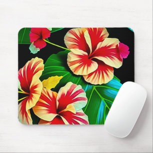 Tapis De Souris Feuilles tropicales colorées et fleurs d'Hibiscus