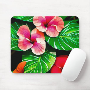 Tapis De Souris Feuilles tropicales colorées et fleurs d'Hibiscus