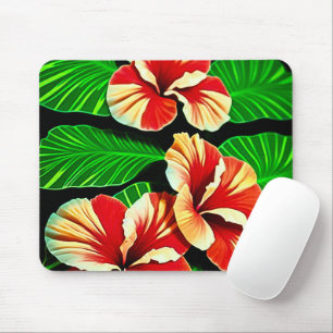 Tapis De Souris Feuilles tropicales colorées et fleurs d'Hibiscus
