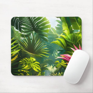 Tapis De Souris Feuilles tropicales colorées et fleurs d'Hibiscus