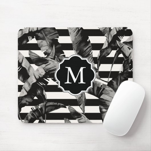 Tapis De Souris Feuilles tropicaux noirs et blancs (Avec souris)