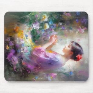 Tapis De Souris Fille admirant une fleur dans ses mains