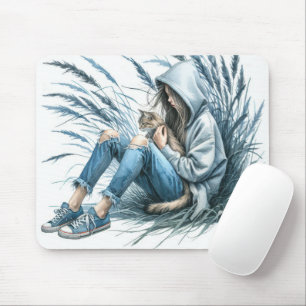 Tapis De Souris Fille Ado avec chat animal
