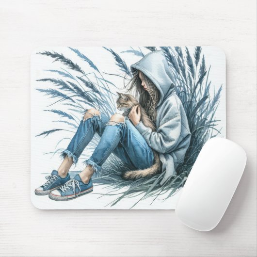 Tapis De Souris Fille Ado avec chat animal (Avec souris)
