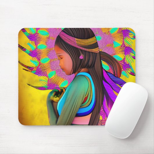 Tapis De Souris Fille amérindienne peu AI Art (Avec souris)