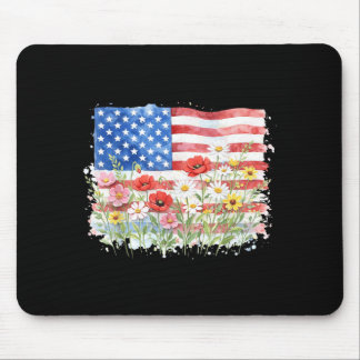 Tapis De Souris Fille au drapeau américain de fleurs sauvages rétr