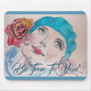 Tapis De Souris Fille Avec Rose Rouge Beret Soyez Véritable Mouse