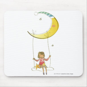 Tapis De Souris Fille balançant sur une corde pendant du croissan