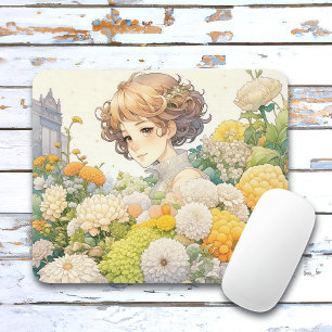 Tapis De Souris Fille d'anime dans des fleurs jaunes 