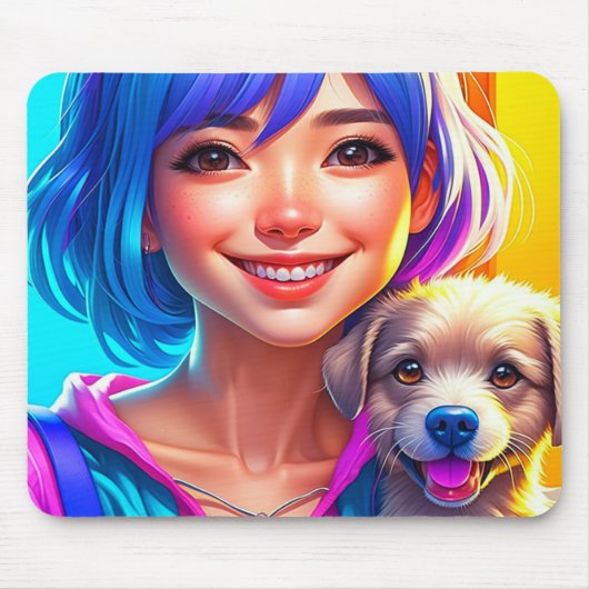 Tapis De Souris Fille d'anime et chiot (Devant)