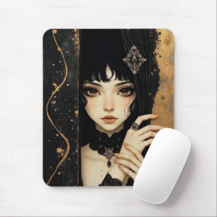 Tapis De Souris Fille d'anime gothique noir et or