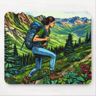 Tapis De Souris Fille en randonnée avec sac à dos sur le sentier