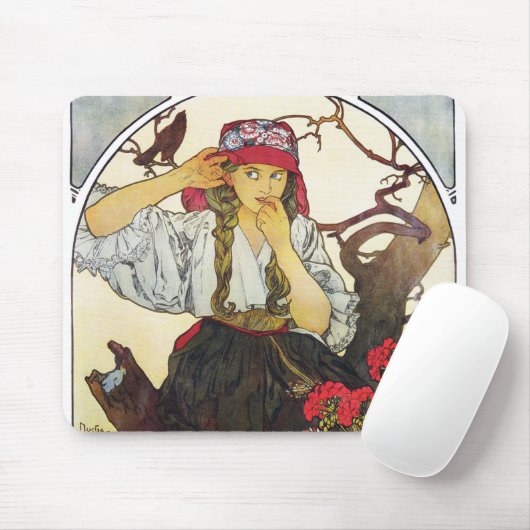 Tapis De Souris Fille et géranium, Mucha (Avec souris)