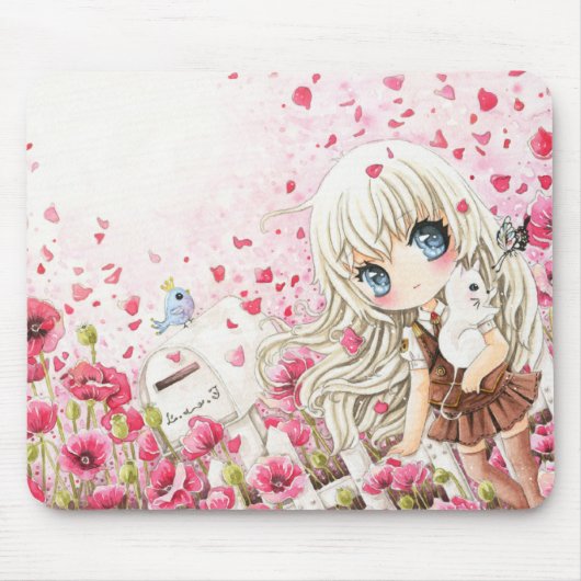 Tapis De Souris Fille mignonne avec le chat blanc sur le gisement (Devant)