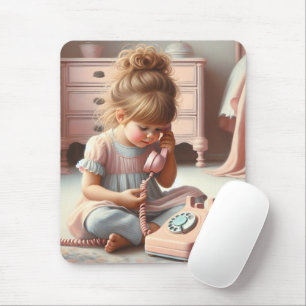 Tapis De Souris Fille Parlant Sur Rétro Rose Téléphone