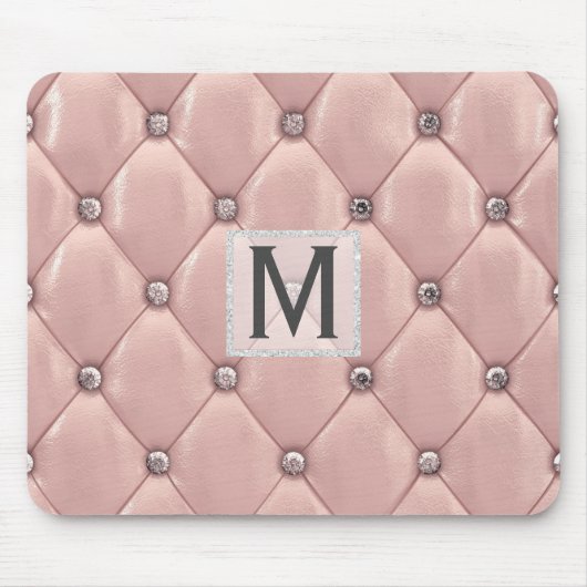 Tapis De Souris Fille Rose Or Faux Cuir|Diamants Monogramme (Devant)