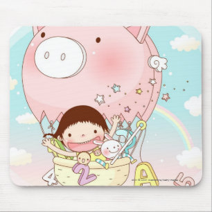 Tapis De Souris Fille s'asseyant dans le ballon à air chaud,