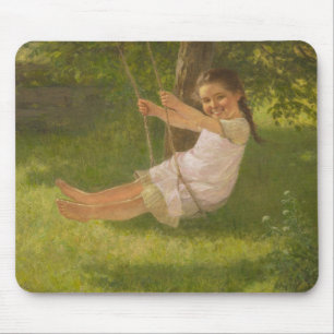 Tapis De Souris Fille souriante sur une balançoire (Enfance vintag