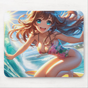 Tapis De Souris Fille surfeuse anime côtière/nautique/tropicale