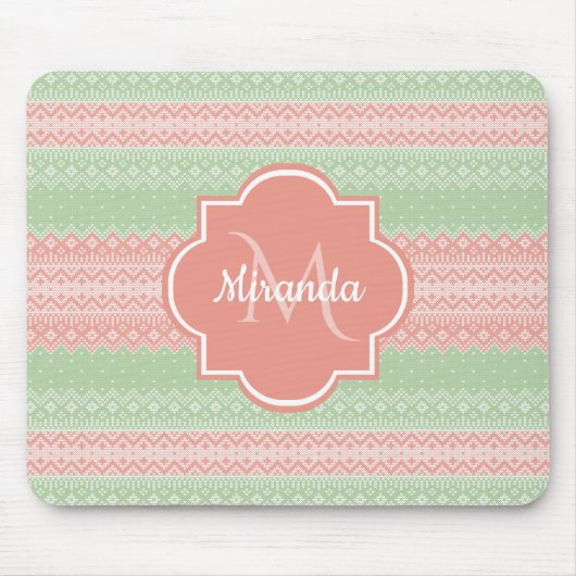 Tapis De Souris Fille vert Knit Coral rose rayures et nom (Devant)