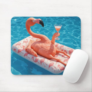 Tapis De Souris Flamant avec un cocktail dans une piscine