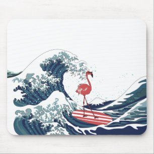 Tapis De Souris Flamant rose à vague bleue ne surfant pas de text