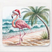 Tapis De Souris Flamant rose de Noël sur une plage (Devant)