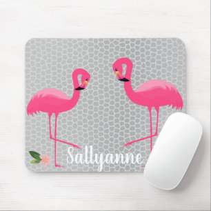 TAPIS DE SOURIS FLAMANT ROSE FLORALE PERSONNALISABLE EN ARGENT GRA