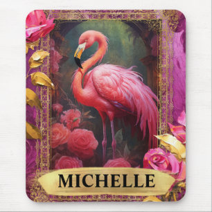 Tapis De Souris Flamant rose fuchsia romantique et roses