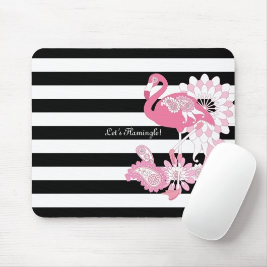 Tapis De Souris Flamant rose rose rayé noir et blanc moderne (Avec souris)
