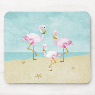 Tapis De Souris Flamants roses roses d'aquarelle sur la plage