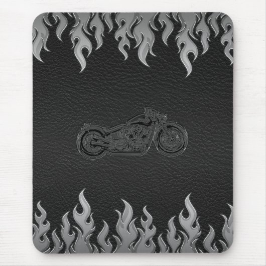 Tapis De Souris Flames en cuir noir en argent Chrome Motorcycle (Devant)