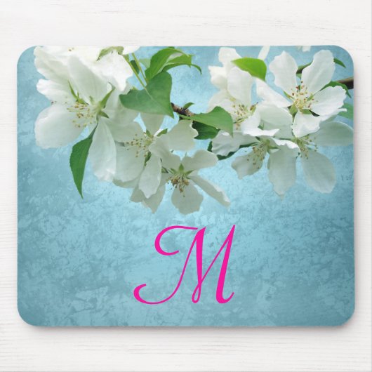 Tapis De Souris Fleur blanche sur le Monogramme bleu Panier initia (Devant)