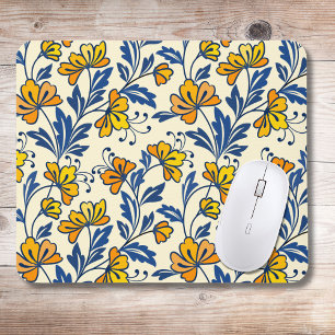 Tapis De Souris Fleur Bleue Feuillue de Style Folk Orange Jaune Vi
