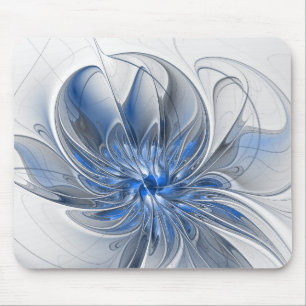 Tapis De Souris Fleur d'art fractal à l'aquarelle bleu gris abstra