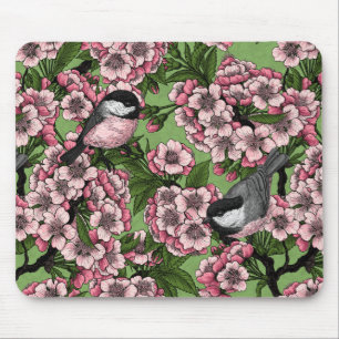 Tapis De Souris Fleur de cerisiers et poulets verts