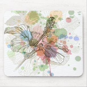 Tapis De Souris Fleur de ketmie et arrière - plan d'aquarelle