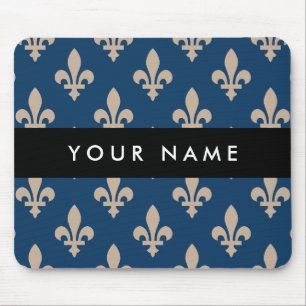 Tapis De Souris Fleur de Lis, Beige sur Bleu Nuit, Royal, Votre No