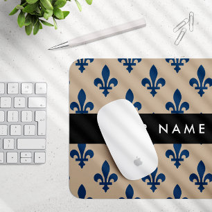 Tapis De Souris Fleur de Lis, Bleu Marine sur Beige, Royal, Votre