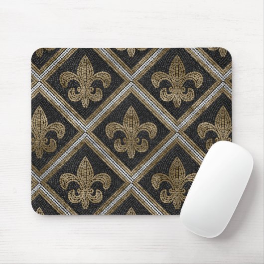 Tapis De Souris Fleur-de-lis mosaic tile pattern black and gold (Avec souris)